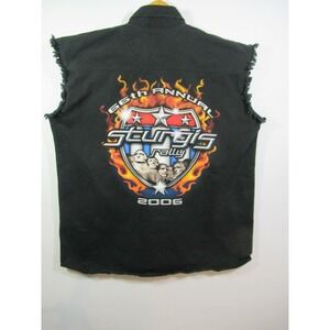 Vtg Hellanbach Sturgis Biker Rally Denim Shirt Men XL Black Sleeveless Flames